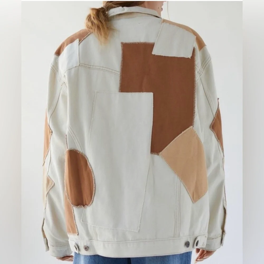 BDG Patchwork Denim Oversized Trucker Jacket Off White Tan. Size Medium. - Picture 4 of 13